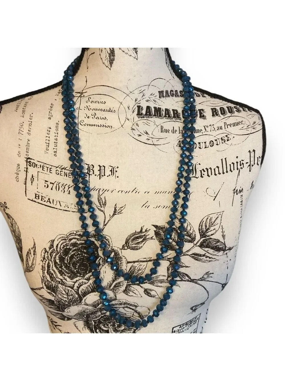 Vintage Bead Necklace Crystal Hand Knotted Blue 31”
